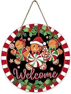 Deroro Welcome Christmas Gingerbread Man Front Door Sign, Xmas Peppermint Candy Wood Door Hanger Outdoor Outside Porch Decor, Stripes Holly Berry Holiday Wooden Wreath Indoor Wall Hanging Decoration