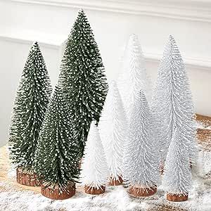 9Pcs Mini Christmas Trees Christmas Decor Artificial Christmas Decorations with 4 Sizes, Christmas Tree Bottle Brush Trees Christmas Table Decorations (Green Silver White)