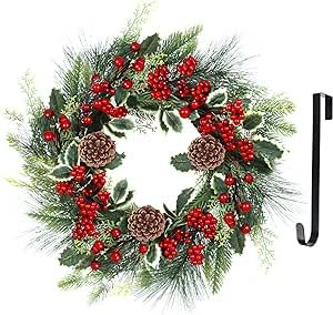 Christmas Wreath, Xmas Wreath for Front Door with Hanger, Farmhouse Rattan Base Christmas Decor with Red Berry Pine Cone Spruce, Artificial Wreath Christmas Decorations for Indoor Outdoor Use, 18 Inch