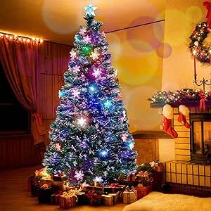 Juegoal 7 ft Pre-Lit Optical Fiber Christmas Artificial Tree, with LED RGB Color Changing Led Lights, Snowflakes and Top Star, Festive Party Holiday Fake Multicolor Xmas Tree with Durable Metal Legs