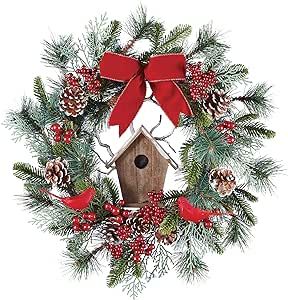 Collections Etc Cardinal Birdhouse Holiday Wreath with Bow, 18" Diameter