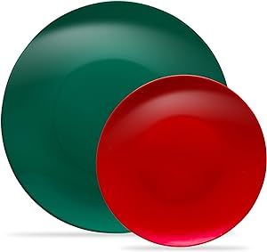 PLASTICPRO 32 Piece Combo Plates Christmas's Set includes 16-7'' inch Red Plates & 16-10'' inch Green Plates Plastic Party Plates Christmas theme heavyweight Elegant, Disposable, Tableware,