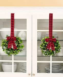LCI Set of 2 Faux Kitchen Cabinet Wreaths 11" W x 21" L Each (Red & Black Plaid)