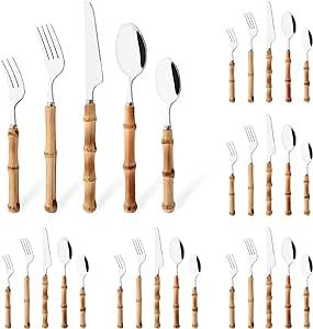 Uniturcky 30PCS Silverware Set for 6, Bamboo Handle Flatware Set, Stainless Steel Cutlery Set for Home Restaurant and Party, Bamboo Forks Spoons and Knives Set, Polished Tableware