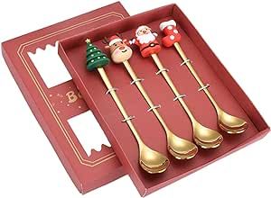 Christmas Spoon Set, 4 Pieces Stainless Steel Christmas Spoons and Forks Set, Christmas Tea Spoon Set, Coffee Spoon Dinner Forks Dessert Spoon Tableware Gift Holiday Party Supply