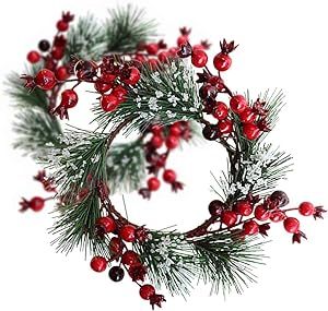 Grenerics 2 PCS Red Berry Pine Wreath Artificial Berries Snowy Pine Needles Candle Wreaths Ring Garland for Christmas Ornaments Decor by Baryuefull