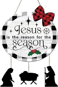 Christmas Nativity Scene Front Door Sign Jesus is The Reason for The Season Christmas Door Hanging Sign Christmas Wreath Wall Welcome Sign Christmas Wooden Hanging Ornament for Home