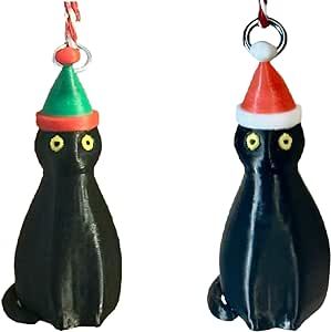 Soetta Santa Cat and Elf Cat Christmas Tree Ornaments - Made in USA - Miniature Black Cat with Santa Hat and Holiday Hanging String