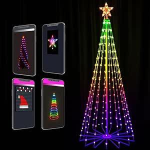 6FT Outdoor Christmas Trees for Yard DIY Prelit 265 Led RGB Color Changing Smart Christmas Cone Tree Light Show Group Control Smart App Remote Controlled Waterproof for Indoor Outdoor Decorations