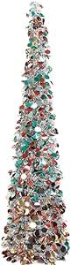 MACTING 5ft Pop up Christmas Tinsel Tree with Lights, Easy-Assembly Tinsel Coastal Glittery Christmas Pencil Tree for Holiday Party Winter Xmas Decorations (Silver-Mix)