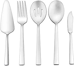Serving Utensils, HaWare 5-Piece Stainless Steel Hostess Serving Set for Buffet Party Kitchen Restaurant, Square Handle Silverware, Matte Finished & Dishwasher Safe – Silver