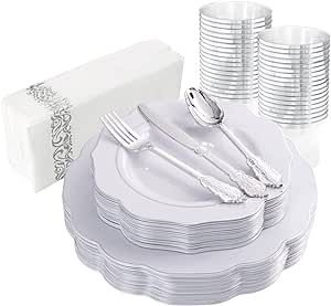 NOCCUR 175pcs Silver Plastic Plates - Christmas plates - Silver Rim Plastic Tableware Include 25Dinner Plates, 25Dessert Plates, 25Forks, 25Knives, 25Spoons for Wedding and Party