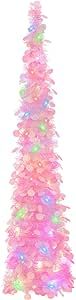 GlyinnHe 5Ft Pop Up Christmas Tinsel Tree with 50 Mulitcolore Lights Prelit Christmas Pencil with Pink Sequins Battery Operated Lighted Glitter Xmas Slim Tree for Indoor Home Party Decor(Pink)