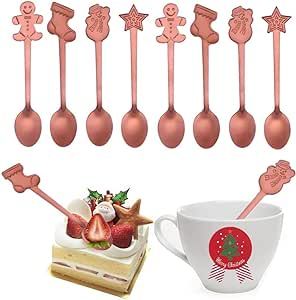 Acewen 8 Pcs Christmas Spoons Stainless Steel Xmas Theme Spoons for Tea Soup Milk Coffee Stirring Mixing Spoons Dessert Cake Ice Cream Spoons Christmas Tableware Decorations,Rose Gold