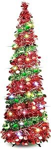 5 FT Christmas Trees with 90 LED Light, Collapsible Artificial Sequin Pop Up Christmas Tree, Tall Skinny Pencil Tinsel Christmas Trees with Stand Xmas Tree for Apartment Basement Fireplace Home Office