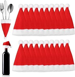 Amaxiu Christmas Cutlery Holders, 20pcs Christmas Santa Hats Silverware Holders Mini Cutlery Storage Bags for Xmas Dinner Table Pocket Dinnerware Decorations Flatware Supplies for Knifes Forks Spoon