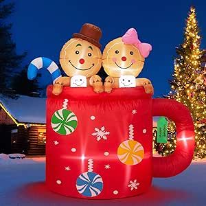 COOBILY 6 FT Christmas Inflatables Decorations, Gingerbread Man in Hot Cocoa Mug with Built-in LED Lights, Xmas Blow Up Yard Decorations Outdoor for Party, Garden, Lawn, Winter Decor, Holiday Season