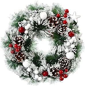 13 Inch Pre-Lit Artificial Christmas Wreath, Artificial Lighted Christmas Wreath, Christmas Wreath with LED String Lights Xmas Wreath for Front Door Wall Window Indoor Outdoor Christmas Decoration
