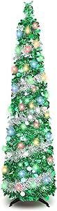 5FT Pop Up Christmas Tree Tinsel Christmas Tree with 8 Modes 90 Colorful Christmas Decorations Collapsible Christmas Tree for Indoor Home Holiday Christmas Party Decorations(Sliver/Green)