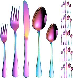 Rainbow Silverware Set 30 Pieces,Tableware Set Service for 6,Mirror Polished Stainless Steel Utensils Set,Flatware Set,Include Fork Knife Spoon Silverware Set,Reusable,Dishwasher Safe(Rainbow)