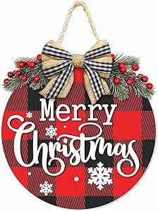 Merry Christmas Sign for Front Door, 3D Buffalo Plaid Christmas Sign with Burlap Bow-Knot, Christmas Wreath for Front Porch Farmhouse Window Wall Indoor Outdoor Decorations (Snow)