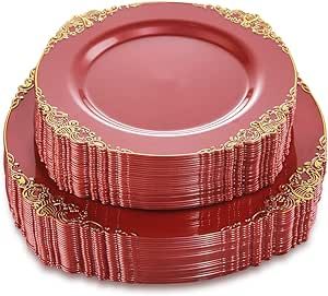 Liacere 50PCS Red Plastic Plates - Disposable Gold Plastic Plates Include 25PCS 7.5Inch Red Dessert Plates & 25PCS 10.25Inch Red Dinner Plates for Christmas & Party & Wedding & Mother’s Day