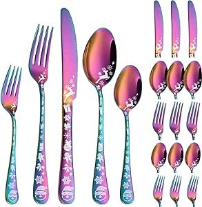 Vilihkc Christmas Style Silverware Set,20 Piece Stainless Steel Flatware Set, Kitchen Utensil Set Service for 4,Tableware Cutlery Set for Home and Restaurant,Dishwasher Safe