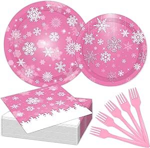 Pink Snowflakes Birthday Party Tableware Set Serves 24 - Disposable 7 inch Plates, 9 inch Plates, Napkins, Forks, Girls Winter Wonderland Christmas Snowflakes Baby Shower Party Supplies for 24 Guests