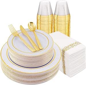 FLOWERCAT 175PCS Gold Plastic Plates&White and Gold Plastic Dinnerware-Include 50Plates, 25Knives, 25Spoons, 25Forks, 25Cups, 25Napkins - Disposable Plates Ideal for Wedding, Party