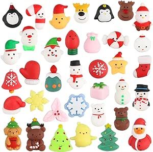 SULOLI 36 PCS Christmas Mochi Squishy Toys, Xmas Squeeze Toys Stress Reliever Anxiety Packs for Kids Christmas Party Favors Stocking Stuffers Gifts