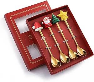 Acewen 4Pcs Christmas Coffee Spoons with Red Gift Box Creative Christmas Tree Santa Star Stainless Steel Spoons for Dinner Tableware Dessert Tea Soup Stirring Spoon Practical Xmas Gift
