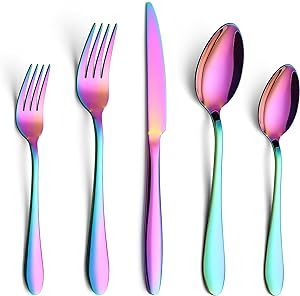 E-far 20 Piece Rainbow Flatware Set, Colorful Stainless Steel Silverware Set Service for 4, Knives Forks Spoons Eating Utensils Set for Kitchen, Mirror Polished