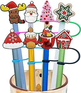 Kleeblatt Christmas Straw Covers Cap, 8pcs Cute Silicone Straws Tips Cover Reusable, Straw Toppers For Tumblers, Suitable for 1/4~1/3 IN Drinking Straws, Stanley Cup Accessories