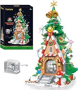 YESHIN Christmas Tree House Building Blocks Music Box,Christmas Tree Building Block Music Box,DIY Brick,Children's Educational Puzzle Kit (1056 Pcs Bricks)