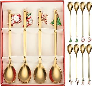 Christmas Coffee Spoons Set of 8, Gold Dessert Spoons with Gift Box, Espresso Spoons Ice Cream Spoon for Christmas Party Decor Tableware