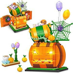 HOGOKIDS Halloween Pumpkin Building Toy with LED Light - 335 PCS Halloween Pumpkin Candy House Building Blocks Set, Halloween Party Decor Gifts for Kids Boys Girls 6 7 8 9 10 11 12+ Years Old