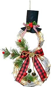 Artiflr 16 x 8 Inch Lighted Christmas Wreath Decoration, Grapevine Wreath with Hat and Bow Snowman Shape Wreath for Front Door Home Wall Decor (Red)