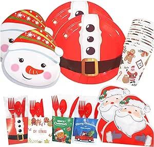 KIKEVITE Santa Christmas Plates Disposable Set Dinnerware Table Decorations - Serves 12-96 PCs | 7” and 9” Plates, Napkins, 9oz Cups Paper Cutlery Holder Holiday Xmas Supplies Snowman