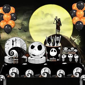 tomyoung 120Pcs Nightmare Birthday Halloween Party Supplies Set Before Christmas Party Holiday Decorations Tableware Set with Dinner Plates,Cake Plates, Napkins, Tablecloth,Serves 10
