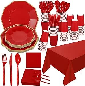 Nitial 462 PCS Party Supplies Set Gold Trim Disposable Paper Plates Serve for 60 Guest Cups Napkins Tableware Plastic Spoons Forks Knives for Wedding Birthday Baby Shower Christmas (Red)