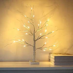 hogardeck 2FT 24LT Led Lighted Birch Tree, White Money Artificial Tree for Christmas Decorations Indoor, Battery Powered Timer Xmas Winter Home Wedding Mantle Desk Table Top Centerpieces Decor