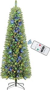 SHareconn 6ft Premium Prelit Artificial Hinged Slim Pencil Christmas Tree with Remote Control, 240 Warm White & Multi-Color Lights, Full Branch Tips, First Choice Decorations for X-mas, 6 FT, Green