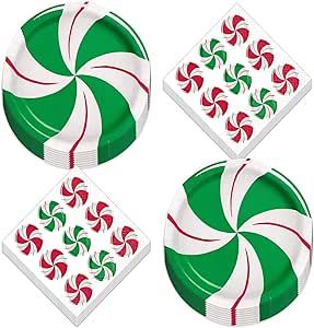 Live It Up! Party Supplies Peppermint Swirl Red & Green Christmas Holiday Paper Dessert Plates and Beverage Napkins (Serves 16)
