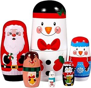 Ciieeo 6 Pcs Christmas Nesting Dolls Handmade Wooden Stacking Dolls Russian Nesting Dolls Matryoshka Dolls Toy for Christmas Decoration Children Birthday Party Favors Gifts