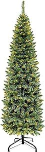 TURNMEON 6.5 Ft Christmas Tree 250 LED Warm Lights, Christmas Decoration 826 Branch Tips Premium Hinged Artificial Pencil Xmas Tree Metal Stand Indoor Outdoor Decor Home Holiday (Spruce Green)