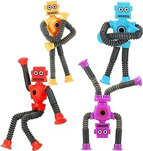 XONTEUS 4PCS Telescopic Robot Suction Cup Toy, Pop Tubes Fidget Toys 2023 for ADHD Autism Ages 3 4 5 6 7 8,Toddler Travel Toy Gifts Idea,Girl & Boy Unique Christmas Stocking Stuffers for Kids