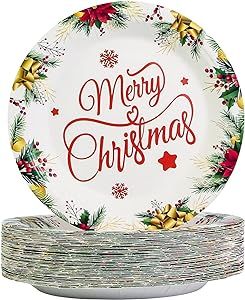 50 Pieces Christmas Paper Plates,7inch Disposable Christmas Themed Paper Plates Tableware Party Plates for Merry Christmas Party (White)