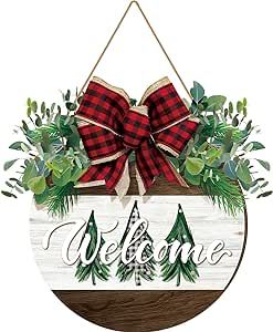 Boao Christmas Welcome Sign for Front Door Wreath Door Decorations Hanging Welcome Door Sign Christmas Round Wood Sign with Bow Welcome Porch Sign for Gift Farmhouse Outdoor Wall Home Decor (Warm)