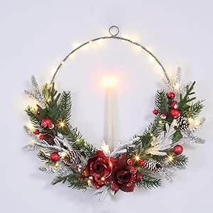 prelit Christmas Hoop Wreath with flameless Candle,Farmhouse Lighted Winter Wreath,16inch Merry and Bright Christmas Wreath for Front Door,red White Front Porch Decor,Modern Mantel Decoration Gift