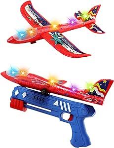 IREMATE 1 Pack Airplane Toys for Boys LED Foam Glider Flight Plane Toy 1 Launcher Outdoor for 5 6 7 8 Year Old Boy Girls Birthday Gift Christmas Easter Thanksgiving Day Gift (1+1)